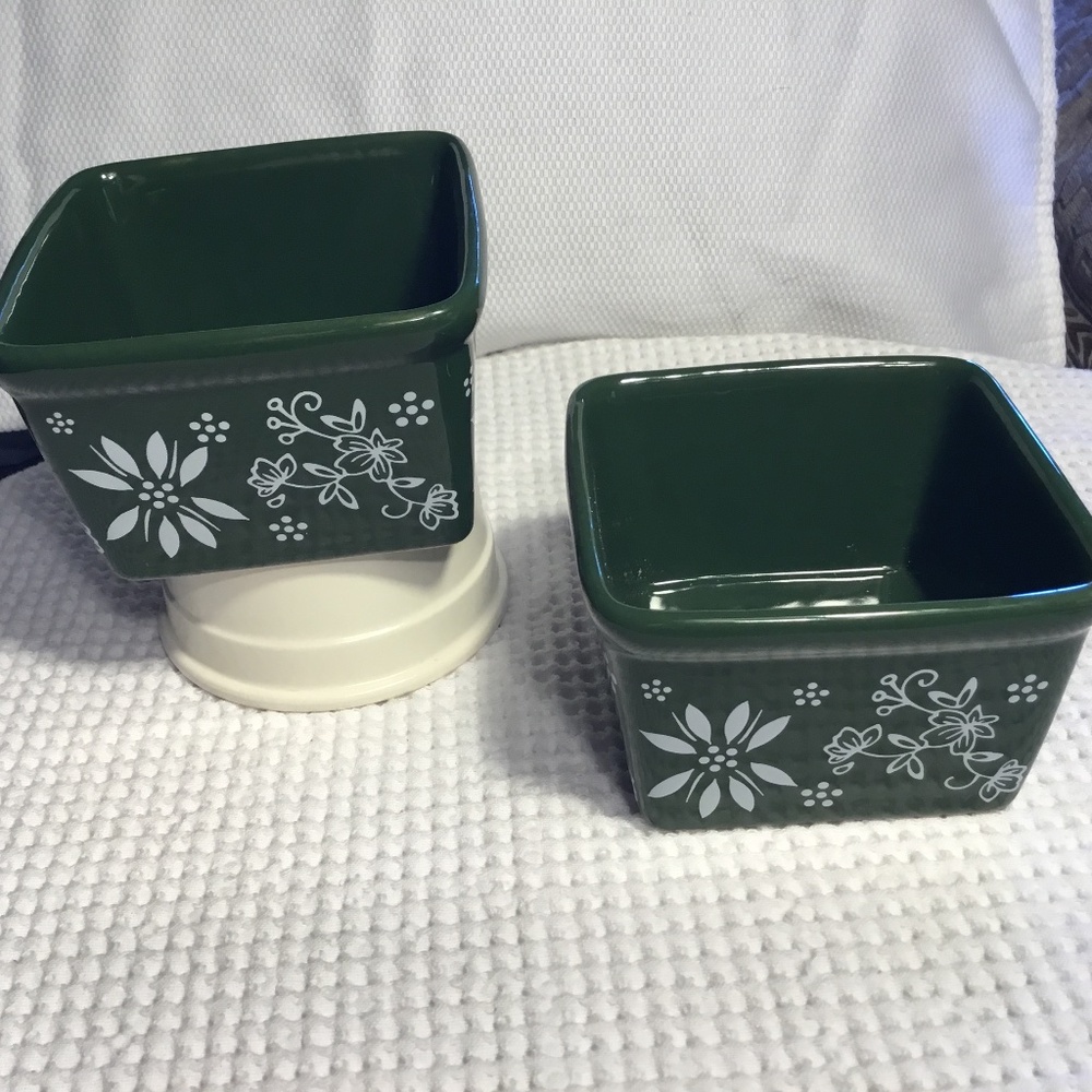 Temp-Tations by Tara Green Floral 2 Individual Casserole Ramekins Retired